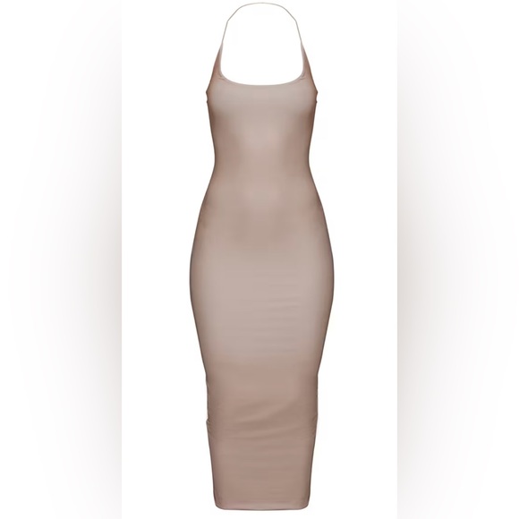 NWT PLT Taupe Slinky Halterneck Strap Midaxi Dress Size 6 - Picture 3 of 6